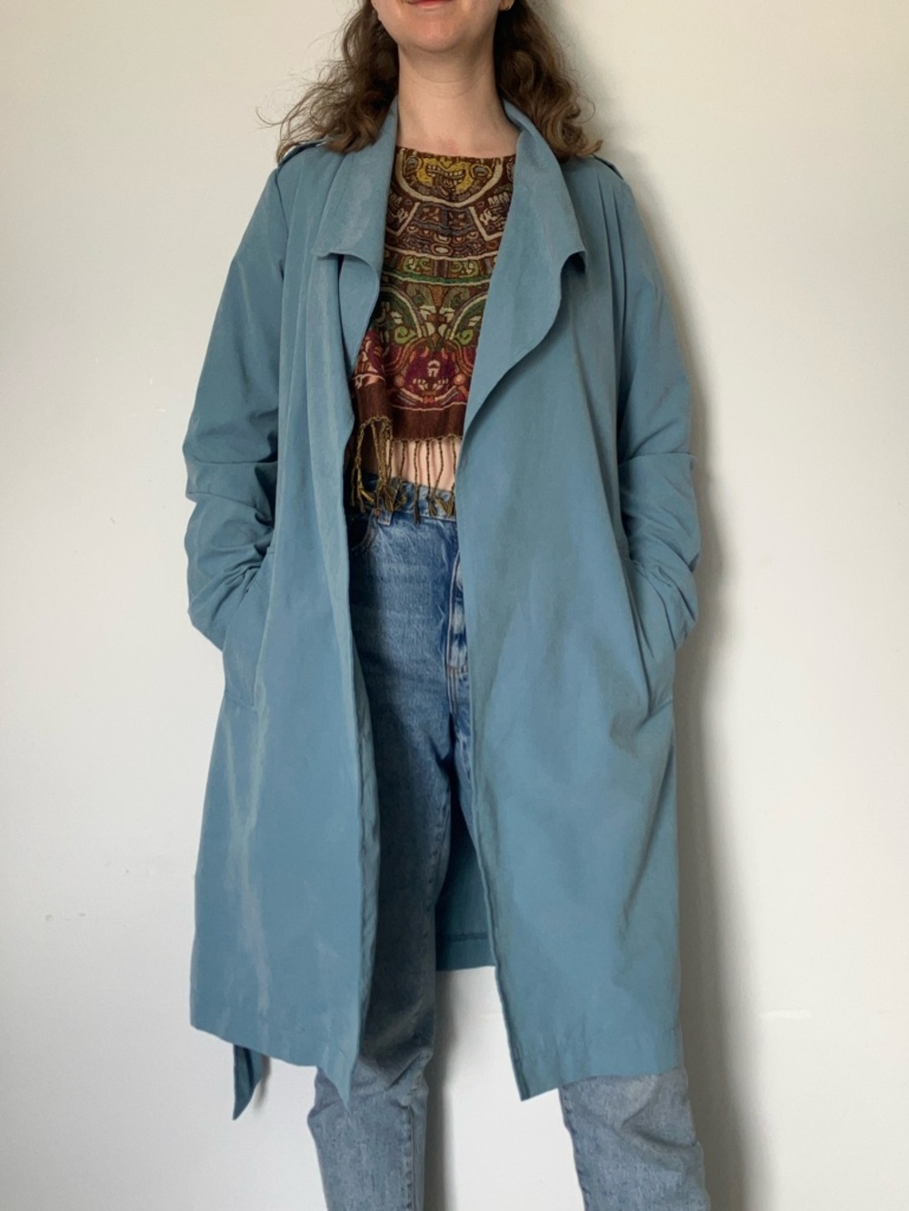 Vero Moda Dusty Teal Open-Front Trench Coat with pockets in size medium